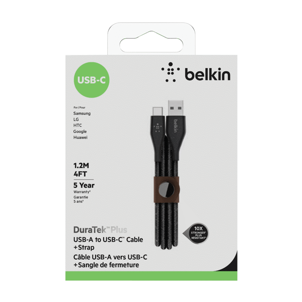 Belkin DuraTek Plus USB-C to USB-A Cable w/Strap 4' Black