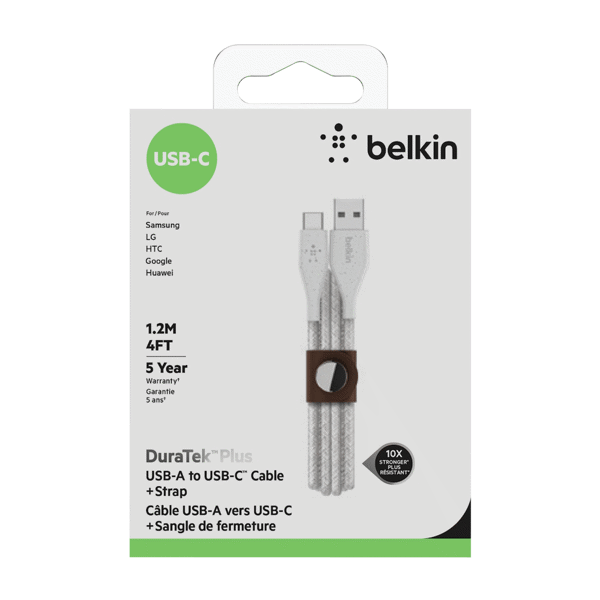 Belkin DuraTek Plus USB-C to USB-A Cable w/Strap 4' White