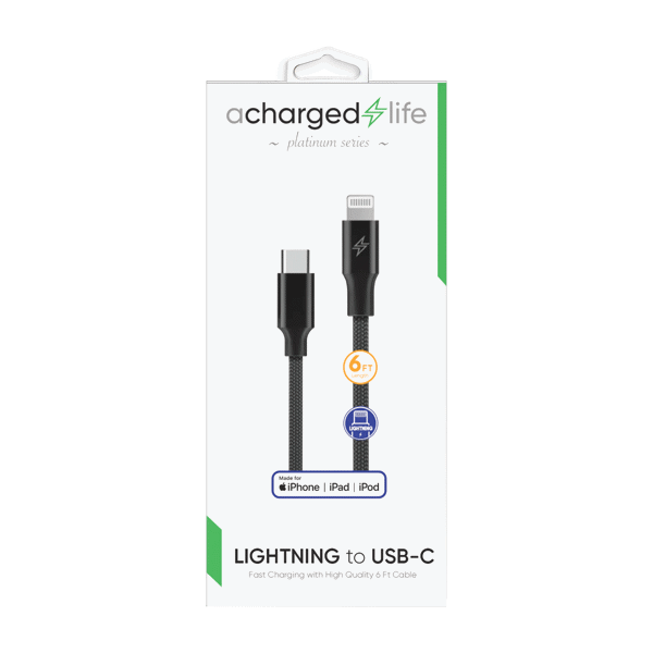 ACharged Life Charging Cable USB-C to Lightning 30W PD 6Ft (MFI) Black