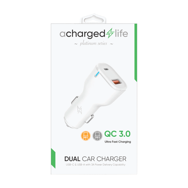 ACharged Life Car Charger 20W PD Dual USB-A/USB-C Port White