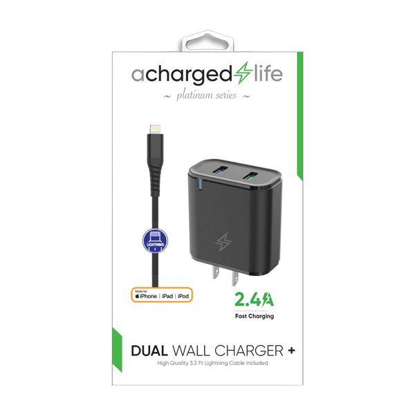 ACharged Life Charging Cable Lightning 3.3Ft w/Wall Charger 2.4A (MFI) Black