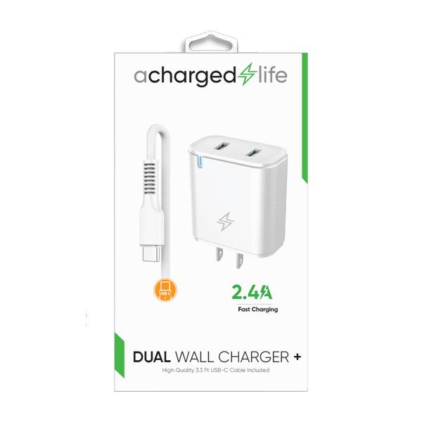 ACharged Life Charging Cable USB-C 3.3Ft w/Wall Charger 2.4A White