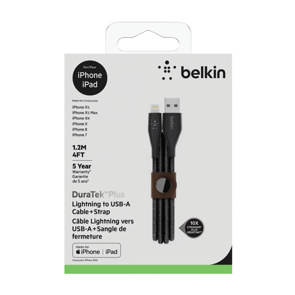 Belkin DuraTek Plus Lightning to USB-A Cable w/Strap 4' Black