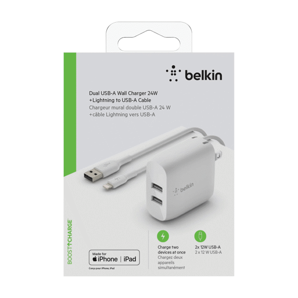 Belkin Dual USB-A Wall Charger 24W w/USB-A to Lightning Cable