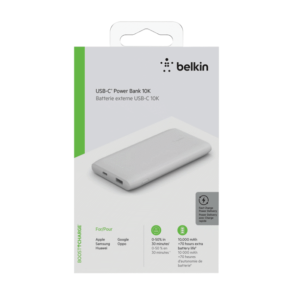 (DP) Belkin Power Bank 10000mAh 18W PD USB-C, 12W USB-A White"