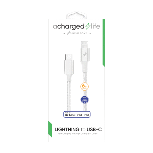 ACharged Life Charging Cable USB-C to Lightning 30W PD 6Ft (MFI) White