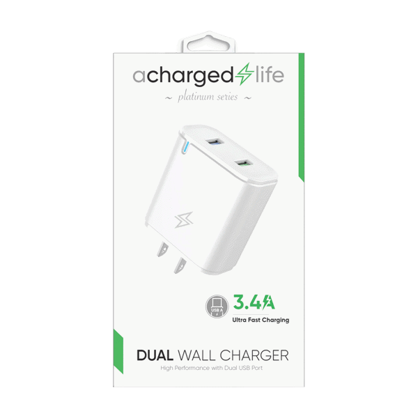 ACharged Life Wall Charger 3.4A Dual USB Port White
