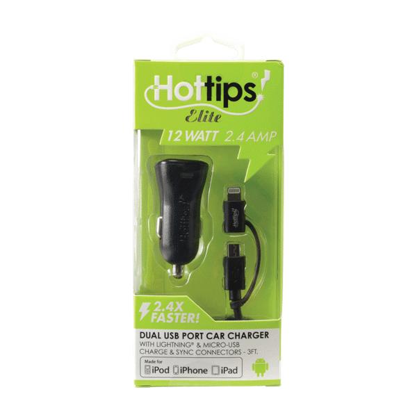 (DP) Hottips Dual USB Car Charger 2.4A w/Micro USB & Lightning Cable