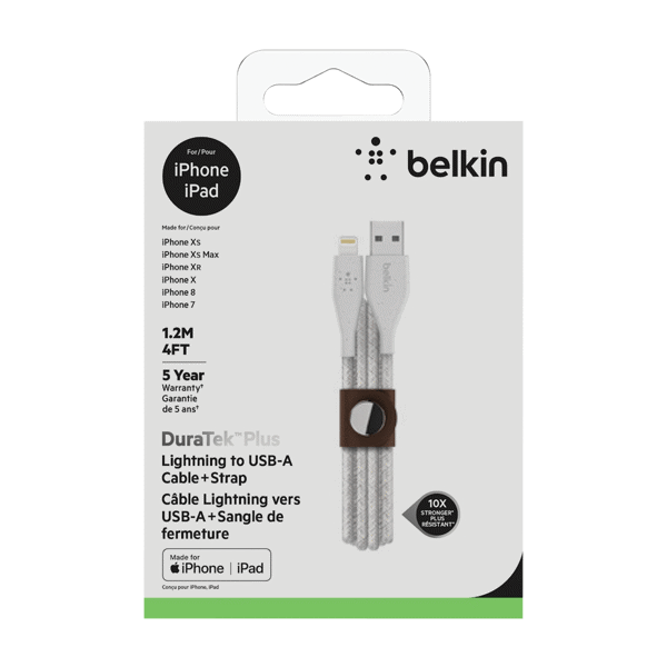 (DP) Belkin DuraTek Plus Lightning to USB-A Cable w/Strap 4' White