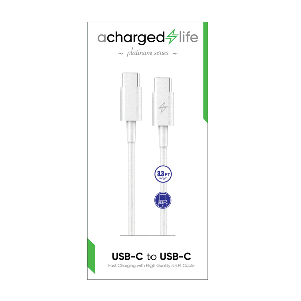ACharged Life Charging Cable USB-C to USB-C White 3.3Ft