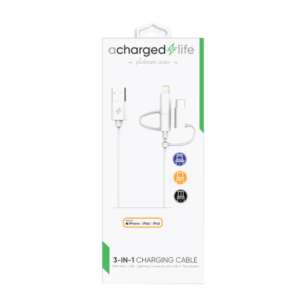 (Use CL112) ACharged Life 3-in-1 Cable 3.3Ft White