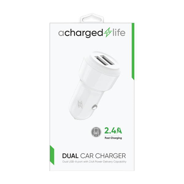 ACharged Life Car Charger 2.4A Dual USB-A Port White