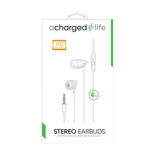 ACharged Life Stereo Earbuds w/Built-in Mic 4Ft White