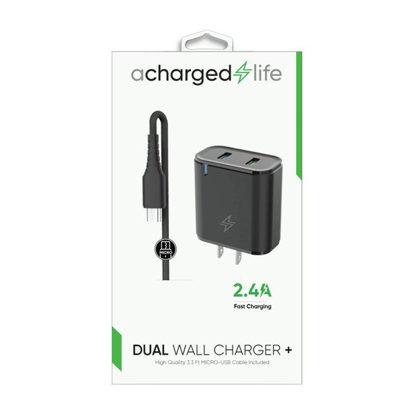 ACharged Life Charging Cable Micro USB 3.3Ft w/Wall Charger 2.4A Black