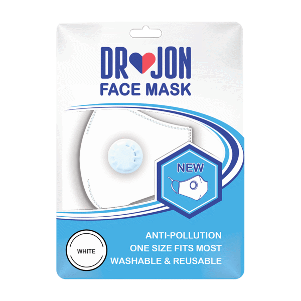 Dr Jon Face Mask 5 Layer Washable Mask w/ Valve and Extra PM 2.5 Filter - White