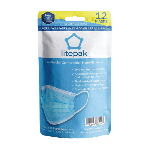 Litepak Premium Disposable Face Masks 12ct w/Resealable Bag (Blue)