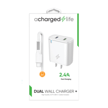 ACharged Life Charging Cable USB-C 3.3Ft w/Wall Charger 2.4A White