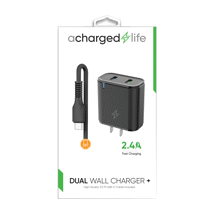 ACharged Life Charging Cable USB-C 3.3Ft w/Wall Charger 2.4A Black